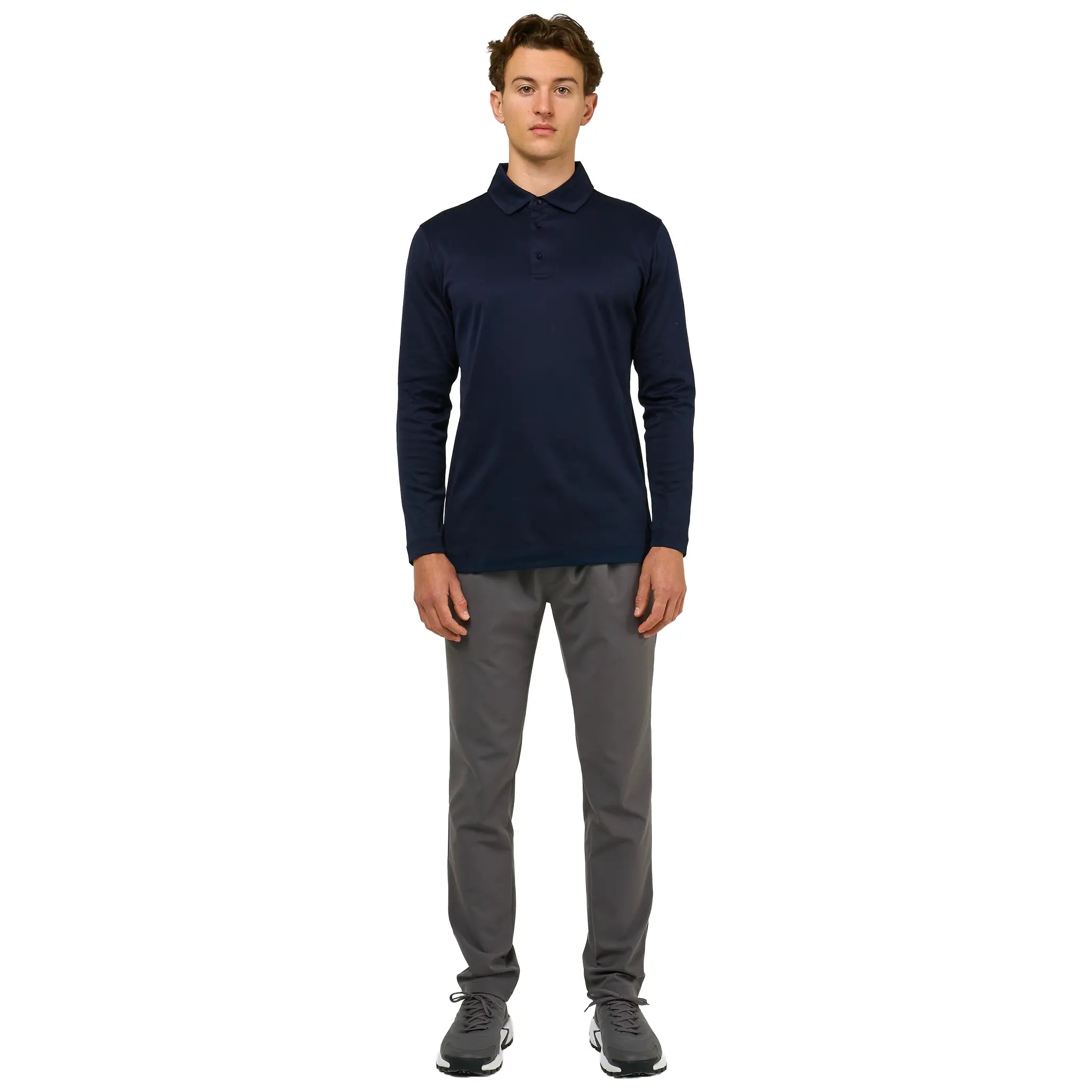 Front View of Loiano Egyptian Cotton L/S Navy Polo Shirt